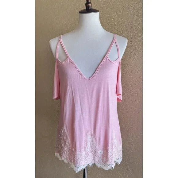 Self Esteem Womens pink Lace Trim Strappy Casual Top Size M - Picture 9 of 10